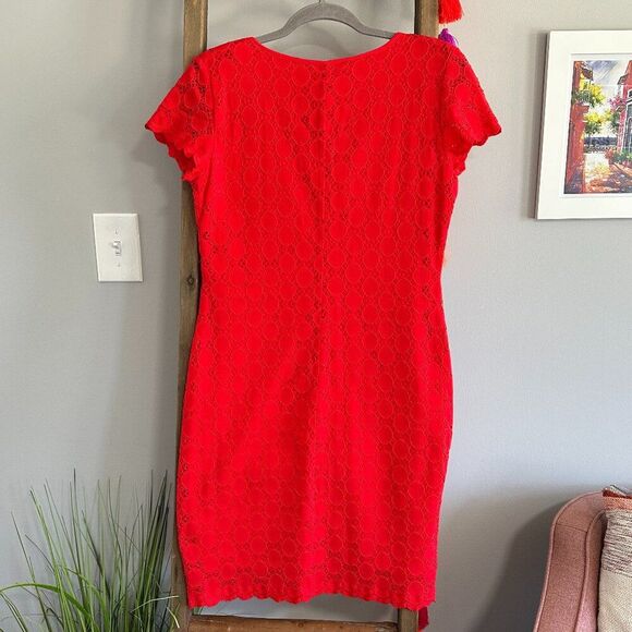 Crochet Mini Dress 10 Cherry Red Eyelet Lace Ronni Nicole Party Casual Stretch - Picture 6 of 9